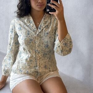 Vintage 80s/90s Laura Ashley Cottagecore Blue Floral Cotton Blouse US 8